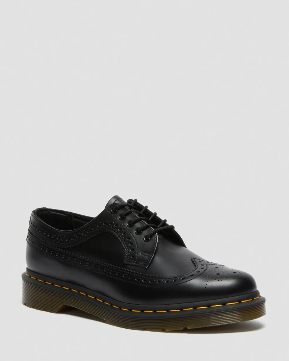 3989 Yellow Stitch Smooth Leather Brogue Shoes in Black