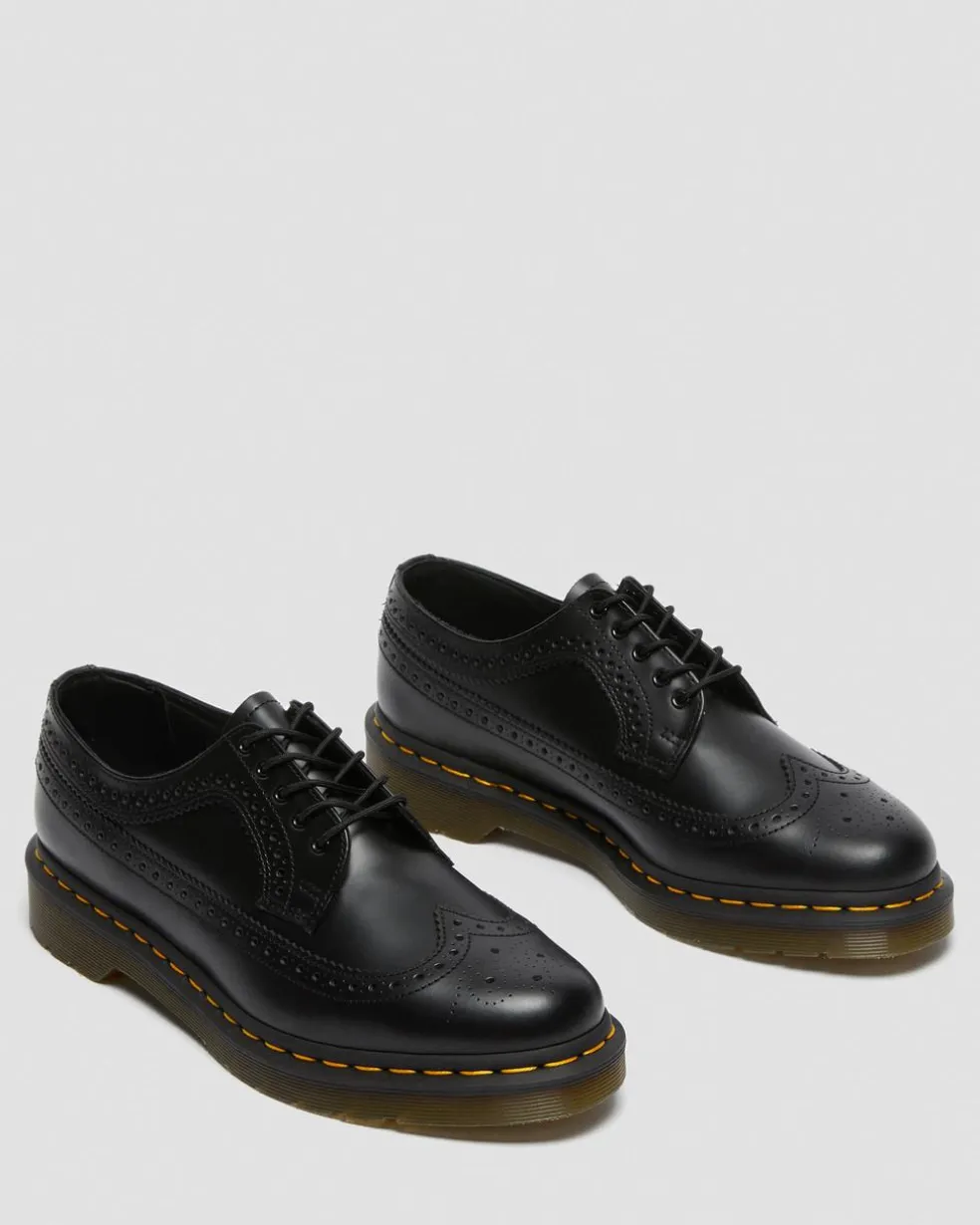 3989 Yellow Stitch Smooth Leather Brogue Shoes in Black