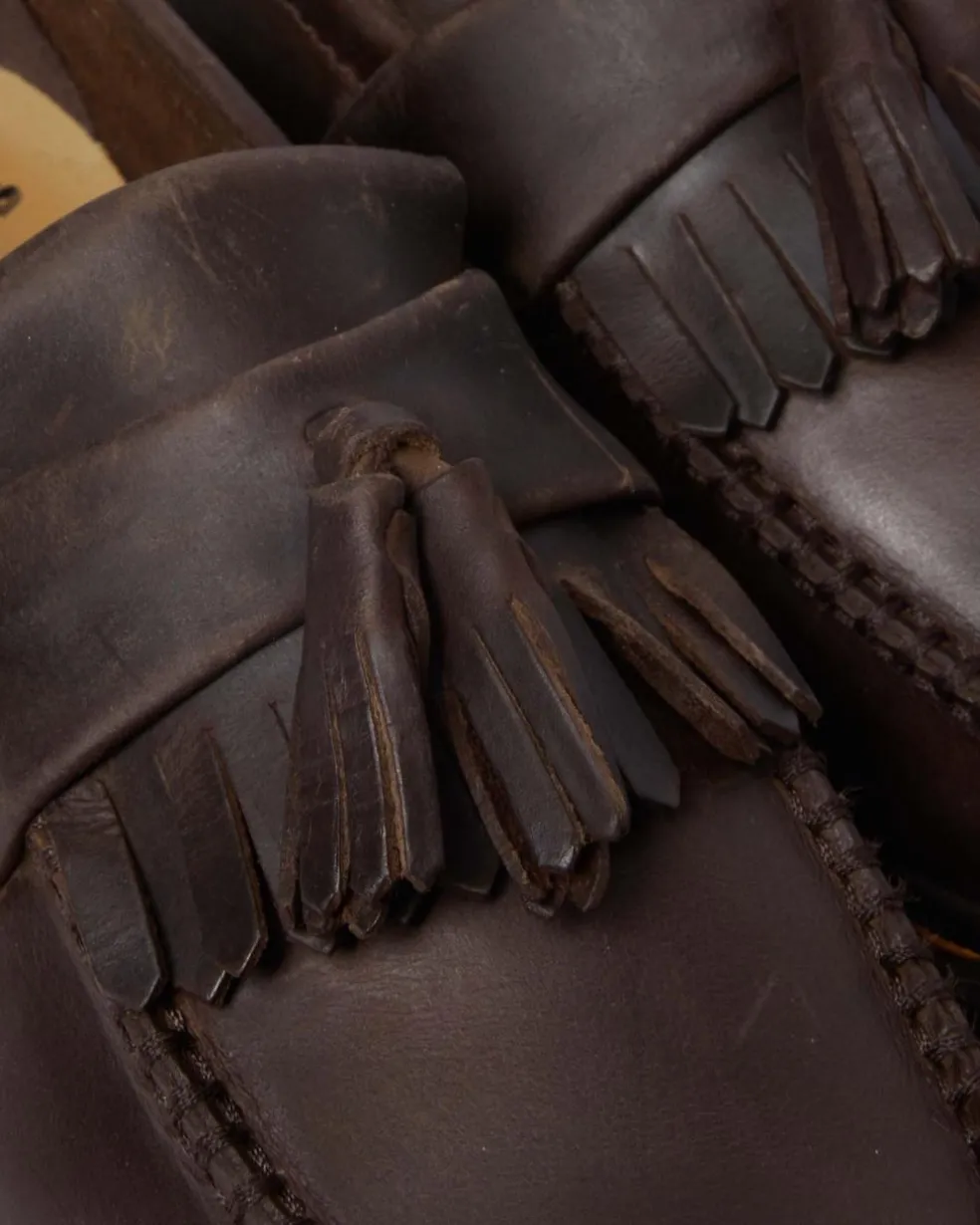 Adrian Crazy Horse Leather Tassel Loafers in Dark Brown