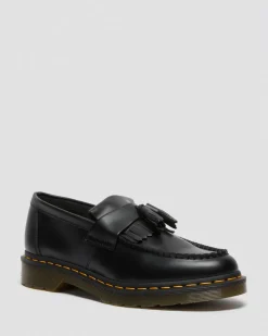 Adrian Yellow Stitch Leather Tassel Loafers in Black