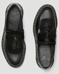 Adrian Yellow Stitch Leather Tassel Loafers in Black