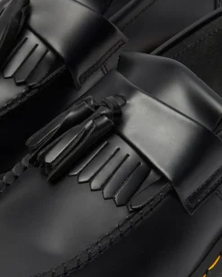 Adrian Yellow Stitch Leather Tassel Loafers in Black