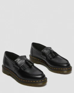 Adrian Yellow Stitch Leather Tassel Loafers in Black