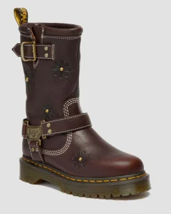 Anistone Hi Flower Leather Biker Boots in Dark Brown