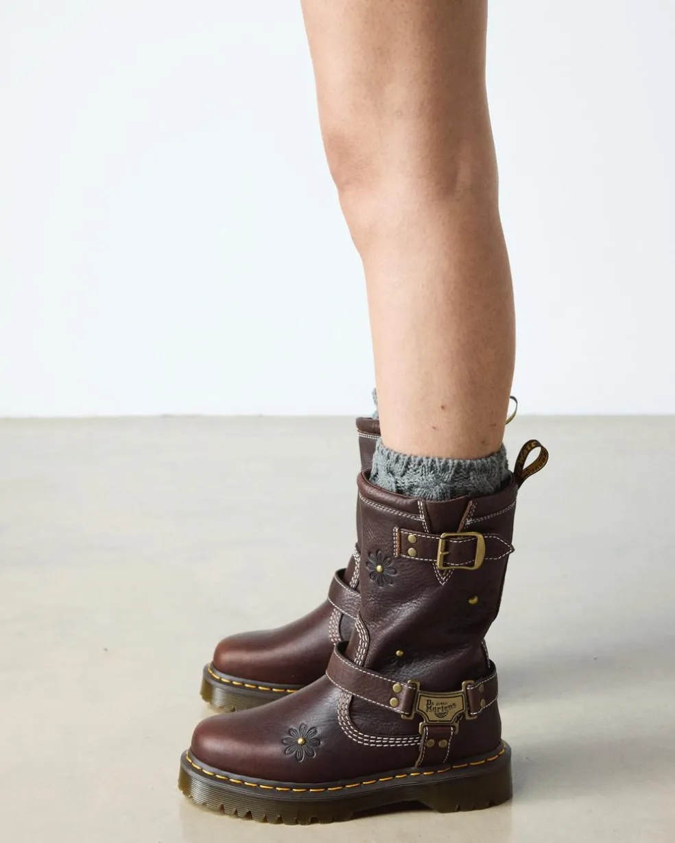 Anistone Hi Flower Leather Biker Boots in Dark Brown