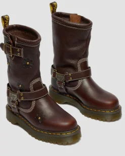 Anistone Hi Flower Leather Biker Boots in Dark Brown