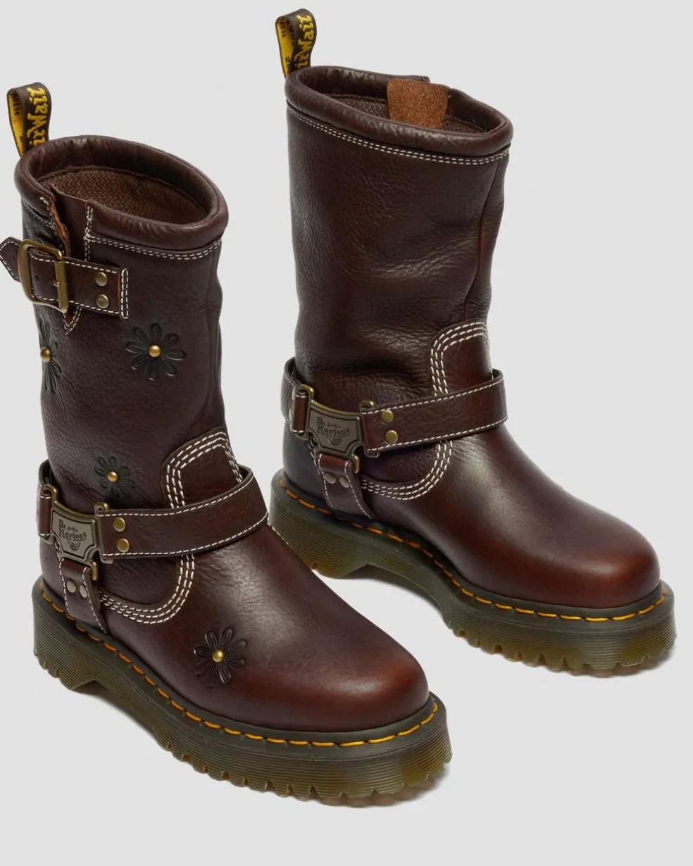 Anistone Hi Flower Leather Biker Boots in Dark Brown