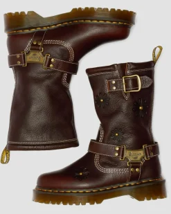 Anistone Hi Flower Leather Biker Boots in Dark Brown