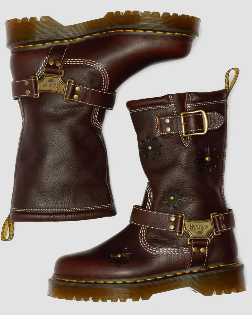 Anistone Hi Flower Leather Biker Boots in Dark Brown