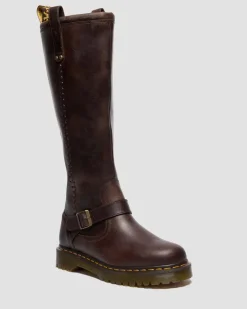 Anistone Knee High Crazy Horse Leather Biker Boots in Dark Brown