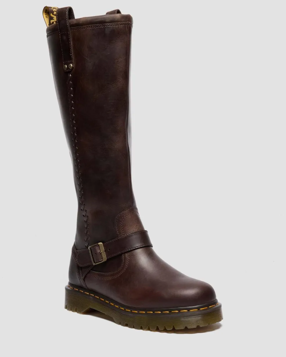 Anistone Knee High Crazy Horse Leather Biker Boots in Dark Brown
