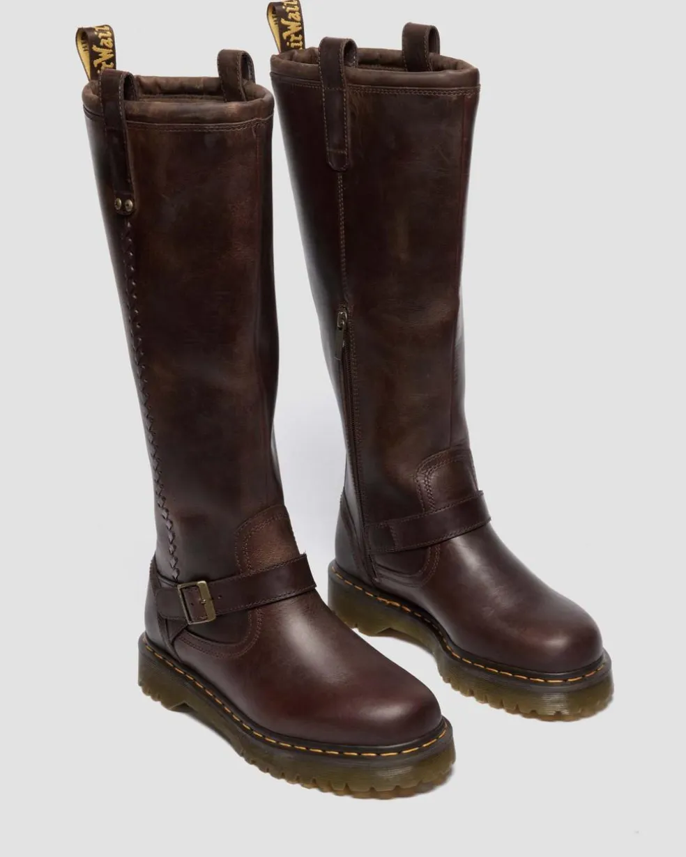 Anistone Knee High Crazy Horse Leather Biker Boots in Dark Brown