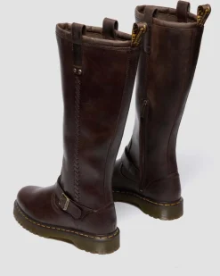 Anistone Knee High Crazy Horse Leather Biker Boots in Dark Brown