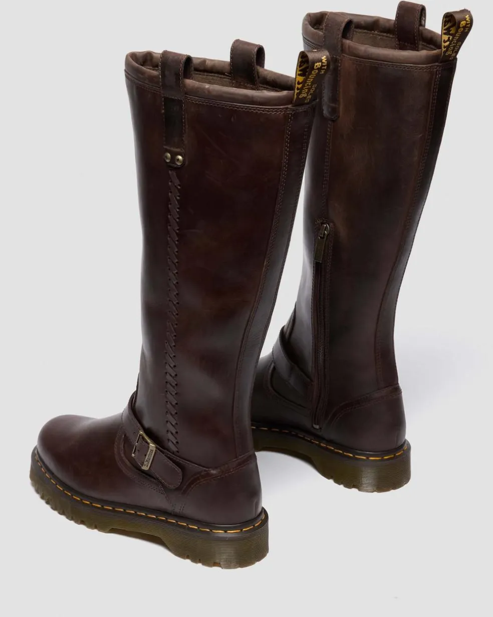 Anistone Knee High Crazy Horse Leather Biker Boots in Dark Brown