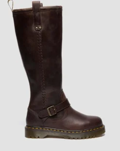 Anistone Knee High Crazy Horse Leather Biker Boots in Dark Brown