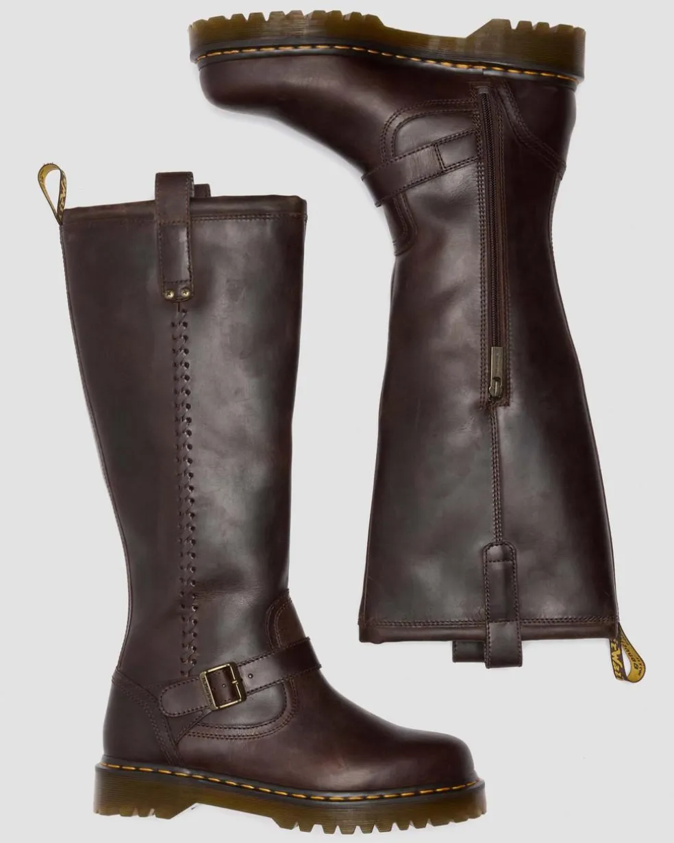 Anistone Knee High Crazy Horse Leather Biker Boots in Dark Brown
