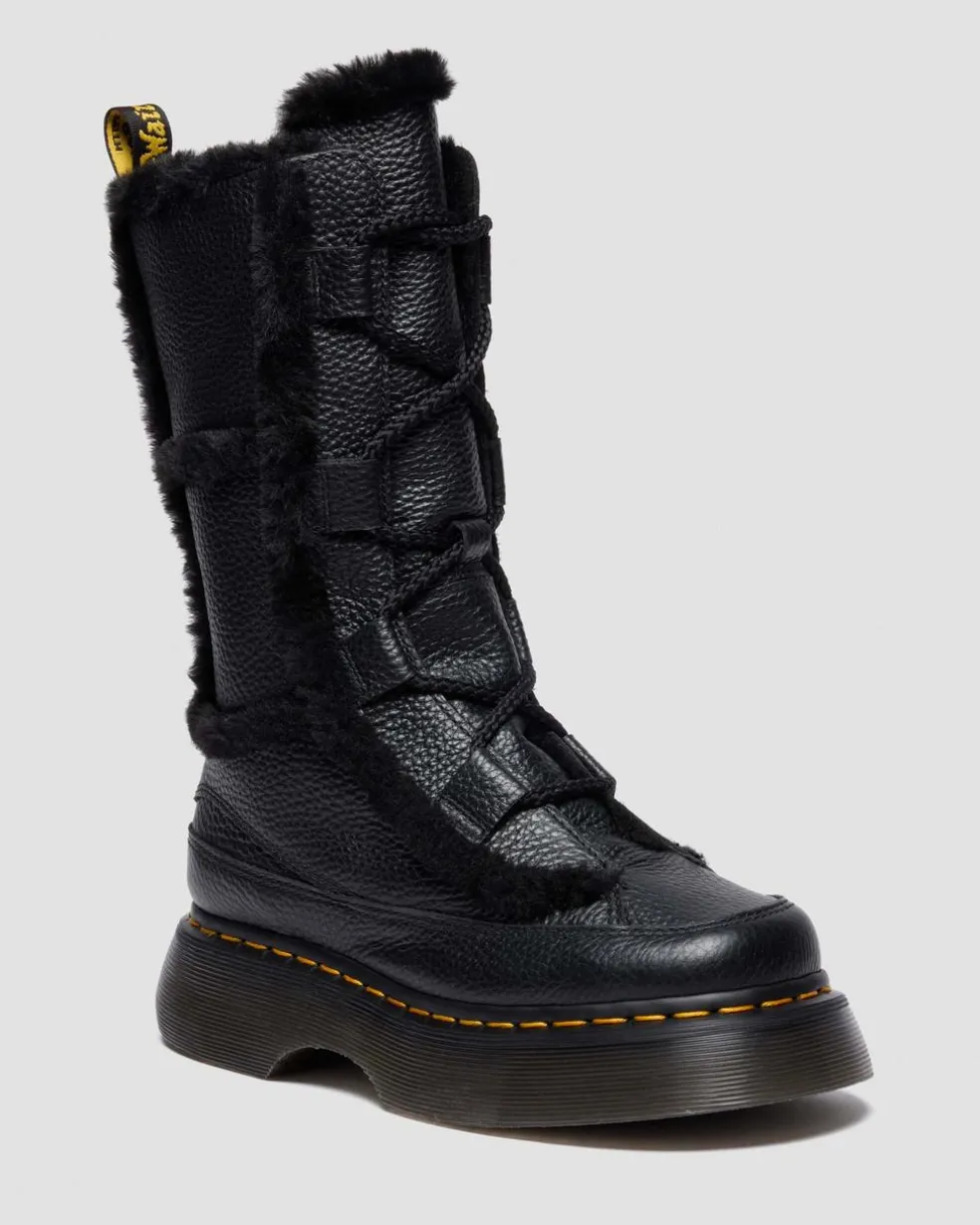 Buzz Lace Up Faux Fur Lined Grizzly Leather Boots in Black