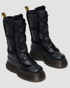 Buzz Lace Up Faux Fur Lined Grizzly Leather Boots in Black