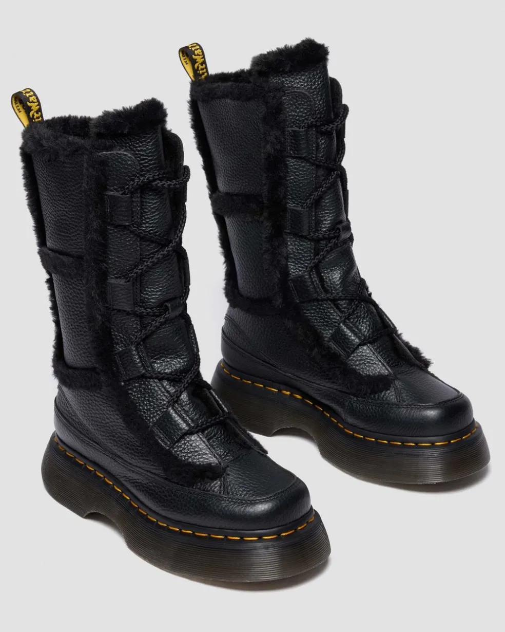 Buzz Lace Up Faux Fur Lined Grizzly Leather Boots in Black