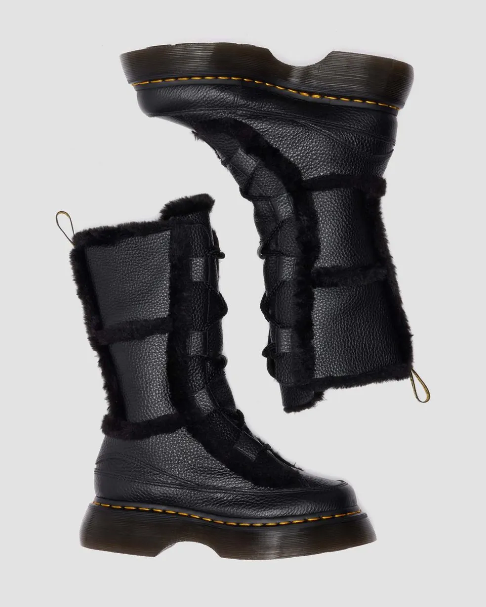 Buzz Lace Up Faux Fur Lined Grizzly Leather Boots in Black