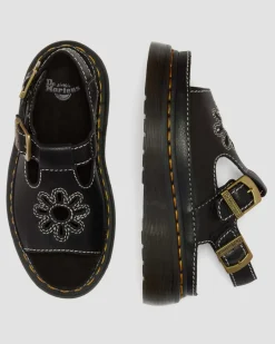 Dunnet Flower Full Grain Leather Sandals in Black
