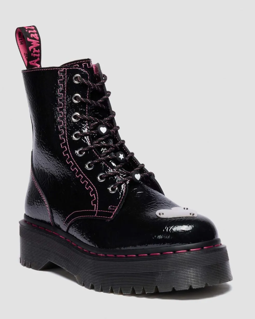 Jadon Distressed Patent Leather Platform Boots in Black