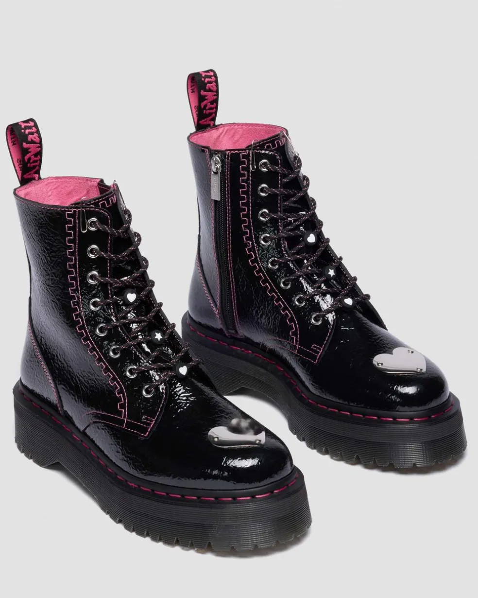 Jadon Distressed Patent Leather Platform Boots in Black