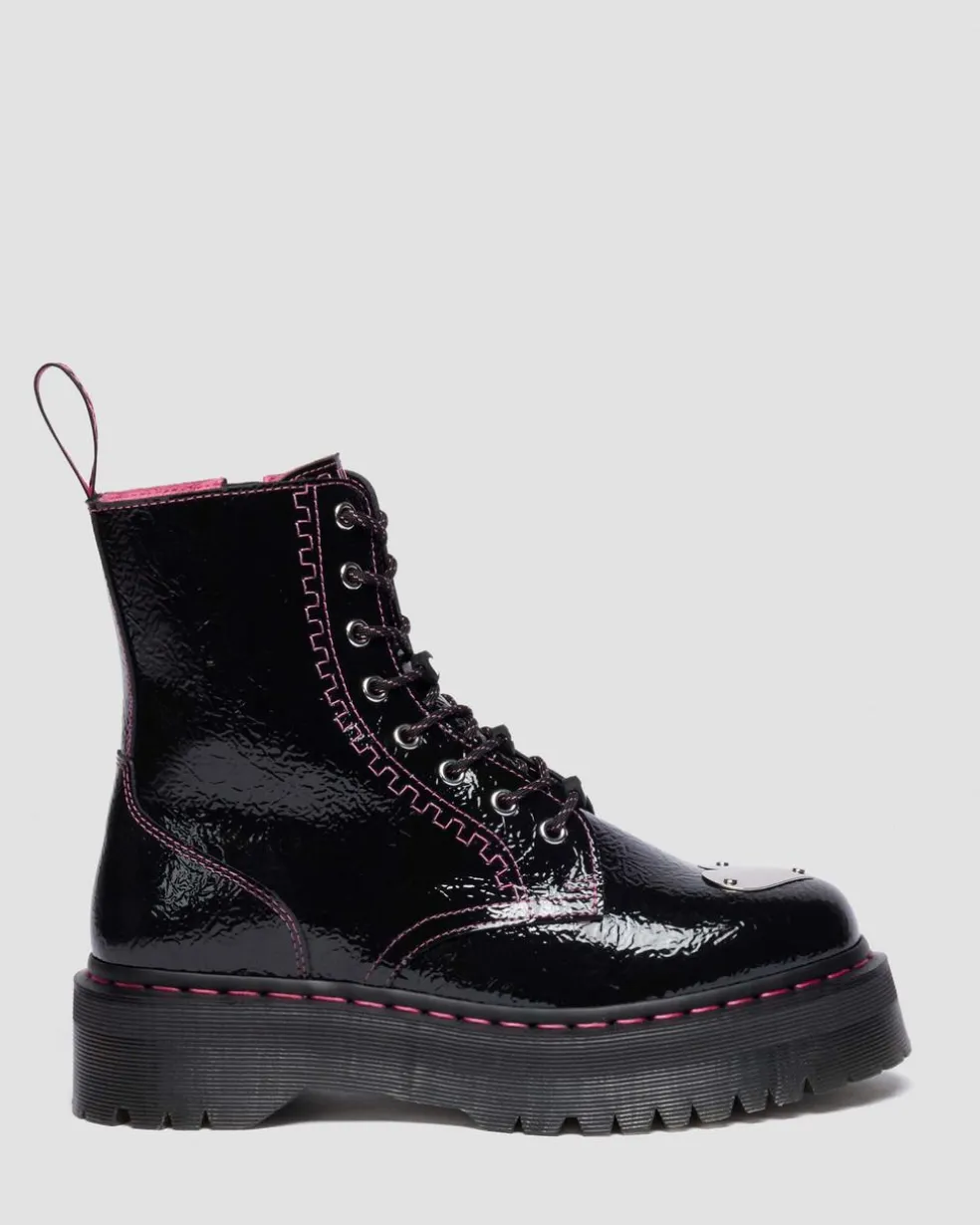 Jadon Distressed Patent Leather Platform Boots in Black