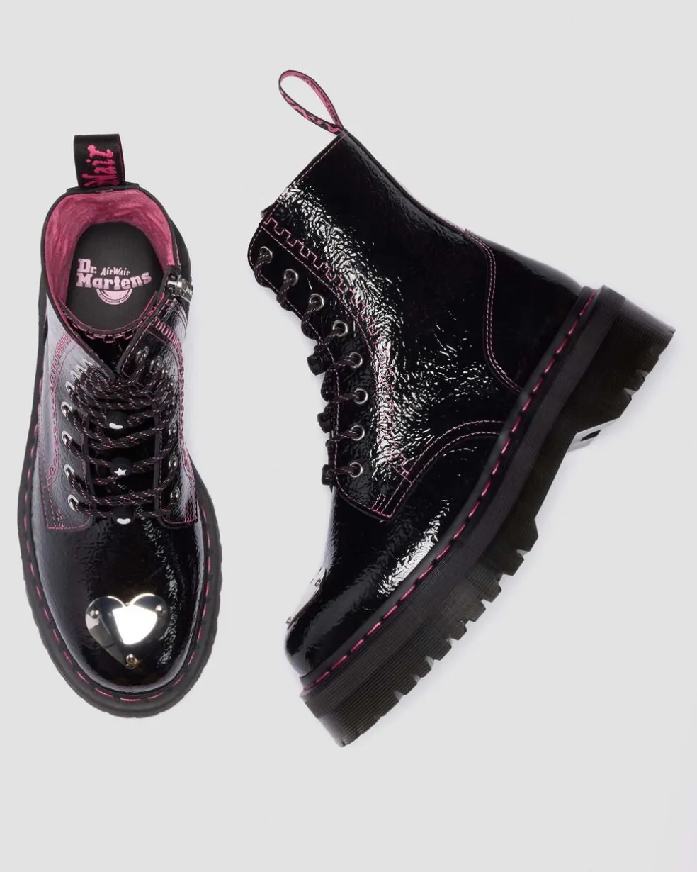 Jadon Distressed Patent Leather Platform Boots in Black
