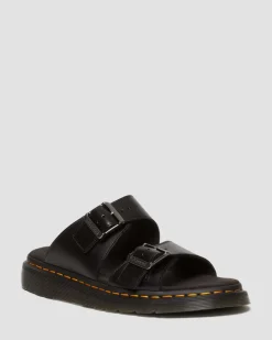 Josef Analine Leather Buckle Slide Sandals in Black