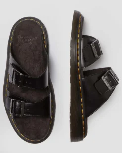 Josef Analine Leather Buckle Slide Sandals in Black