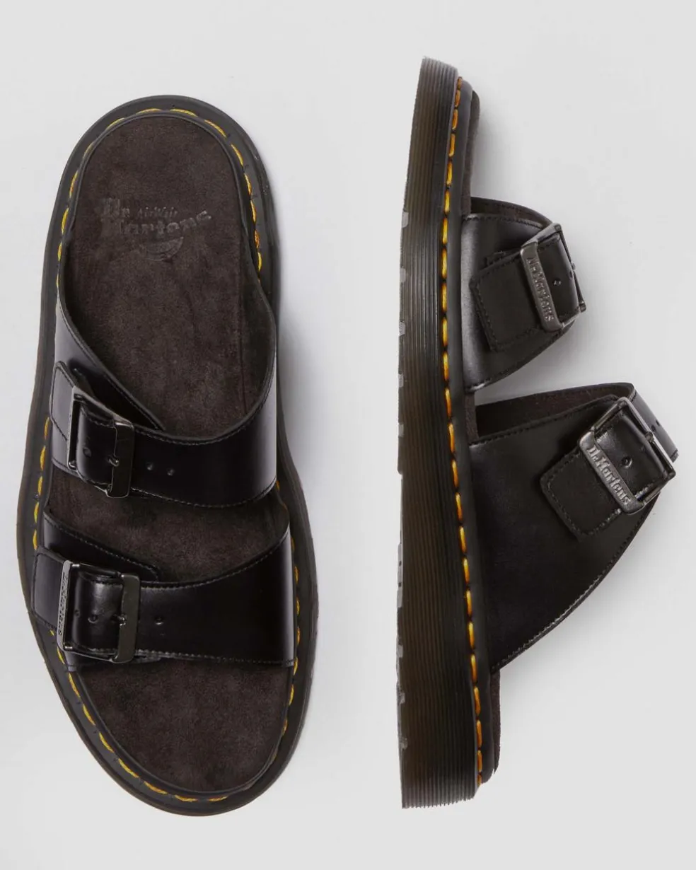 Josef Analine Leather Buckle Slide Sandals in Black