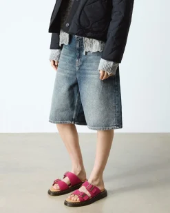 Josef Nubuck Leather Slide Sandals in Fuchsia Pink