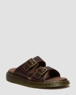 Josef Slide Grizzly Leather Sandals in Dark Brown