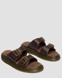 Josef Slide Grizzly Leather Sandals in Dark Brown