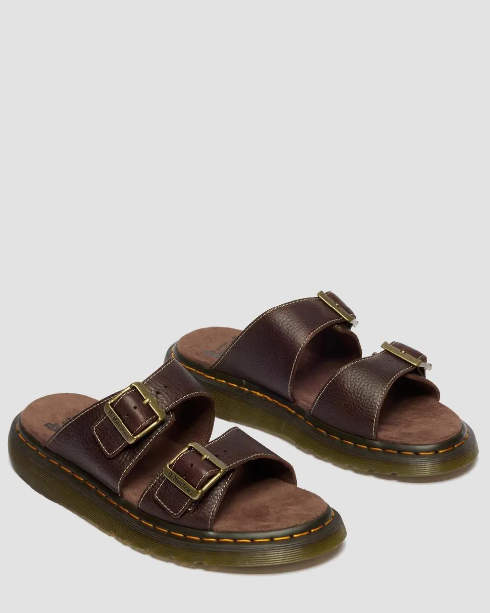Josef Slide Grizzly Leather Sandals in Dark Brown