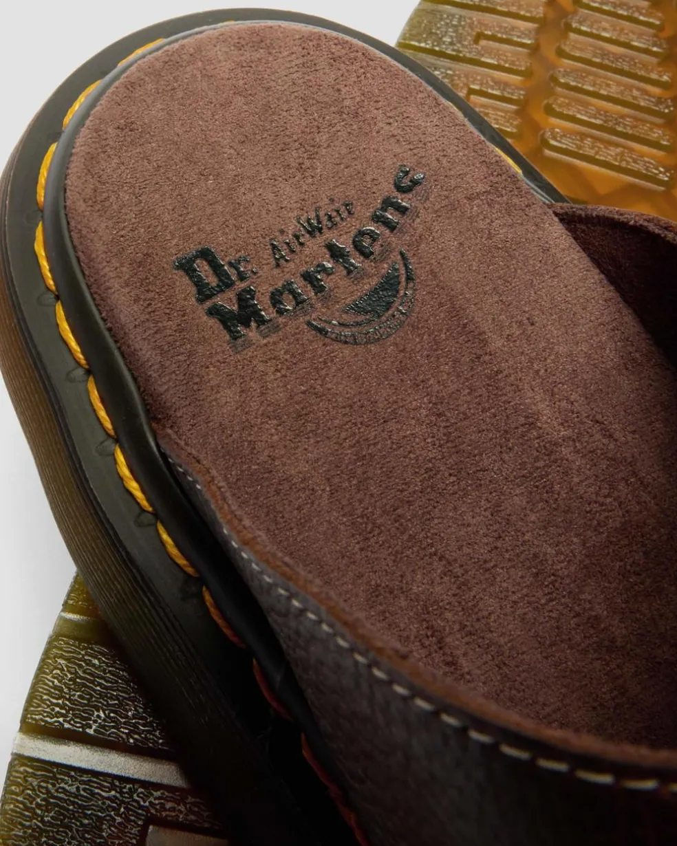 Josef Slide Grizzly Leather Sandals in Dark Brown