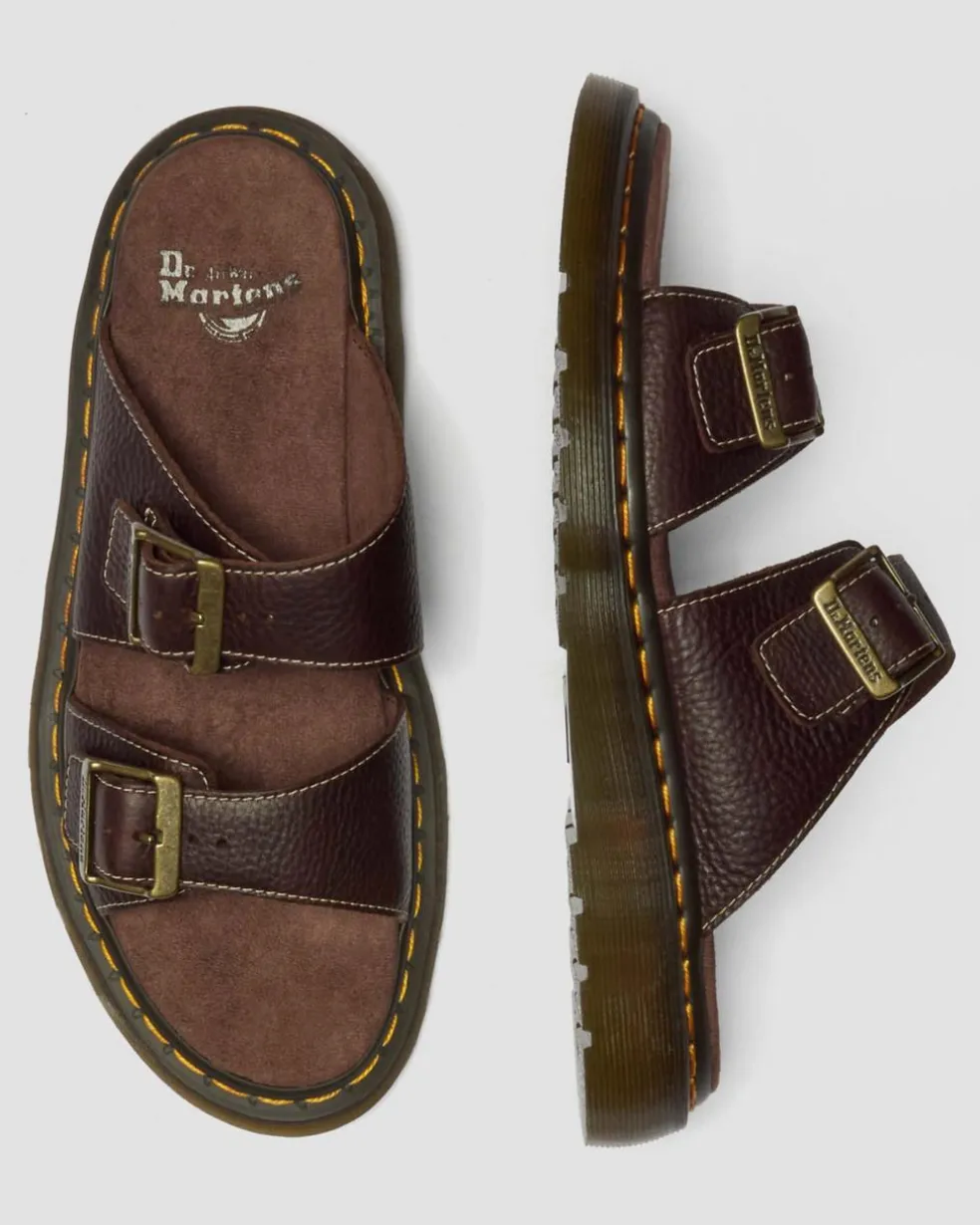 Josef Slide Grizzly Leather Sandals in Dark Brown