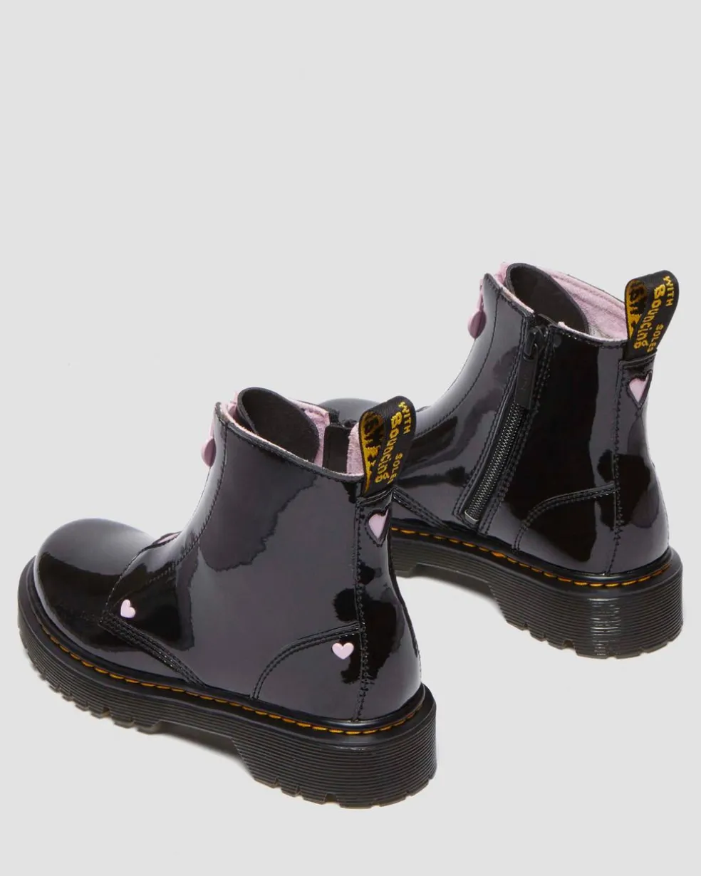 Junior Heart Nappa Patent Leather Pull-on Boots in Black