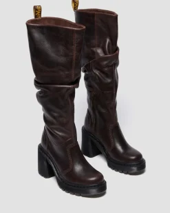 Kasey Kinsley Leather Knee High Heeled Boots in Dark Brown