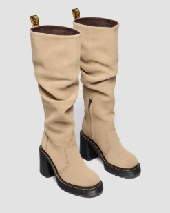 Kasey Suede Knee High Heeled Boots in Savannah Tan