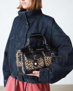 Leopard Print Hair-On Top Handle Bag in Black