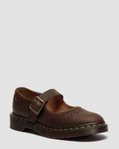 Mary Jane Flower Crazy Horse Leather Shoes in Dark Brown