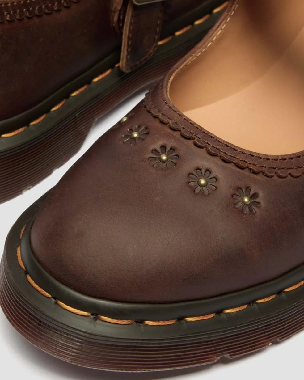 Mary Jane Flower Crazy Horse Leather Shoes in Dark Brown