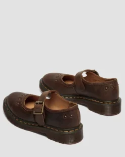 Mary Jane Flower Crazy Horse Leather Shoes in Dark Brown