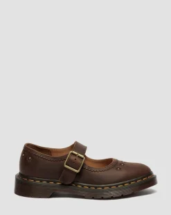 Mary Jane Flower Crazy Horse Leather Shoes in Dark Brown