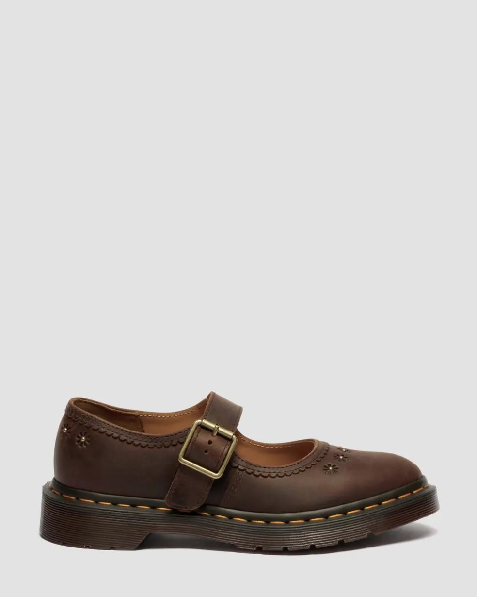 Mary Jane Flower Crazy Horse Leather Shoes in Dark Brown