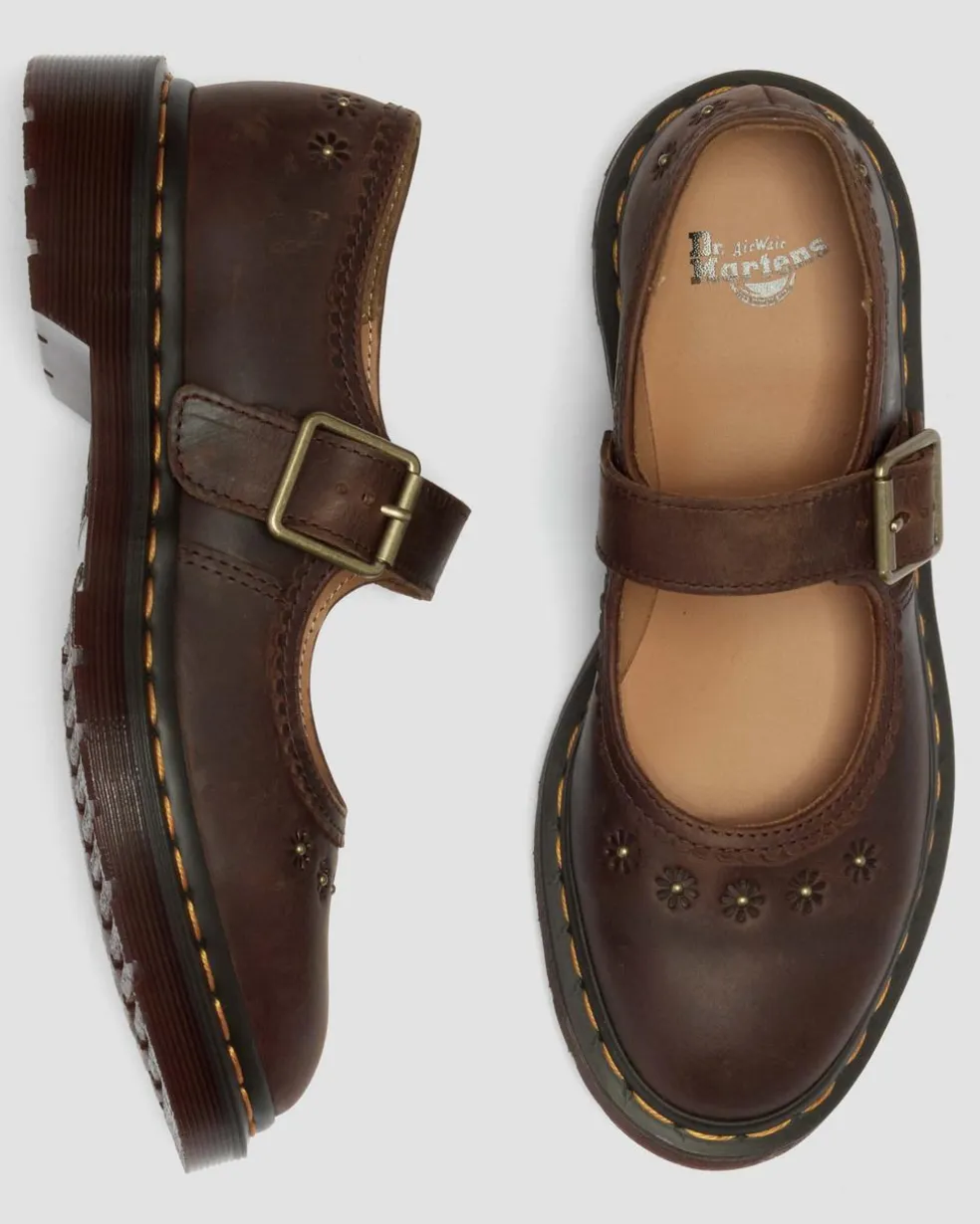 Mary Jane Flower Crazy Horse Leather Shoes in Dark Brown