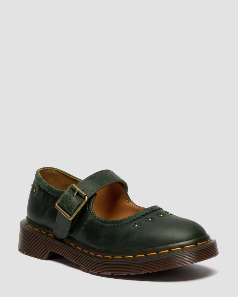 Mary Jane Flower Crazy Horse Leather Shoes in Dms Green