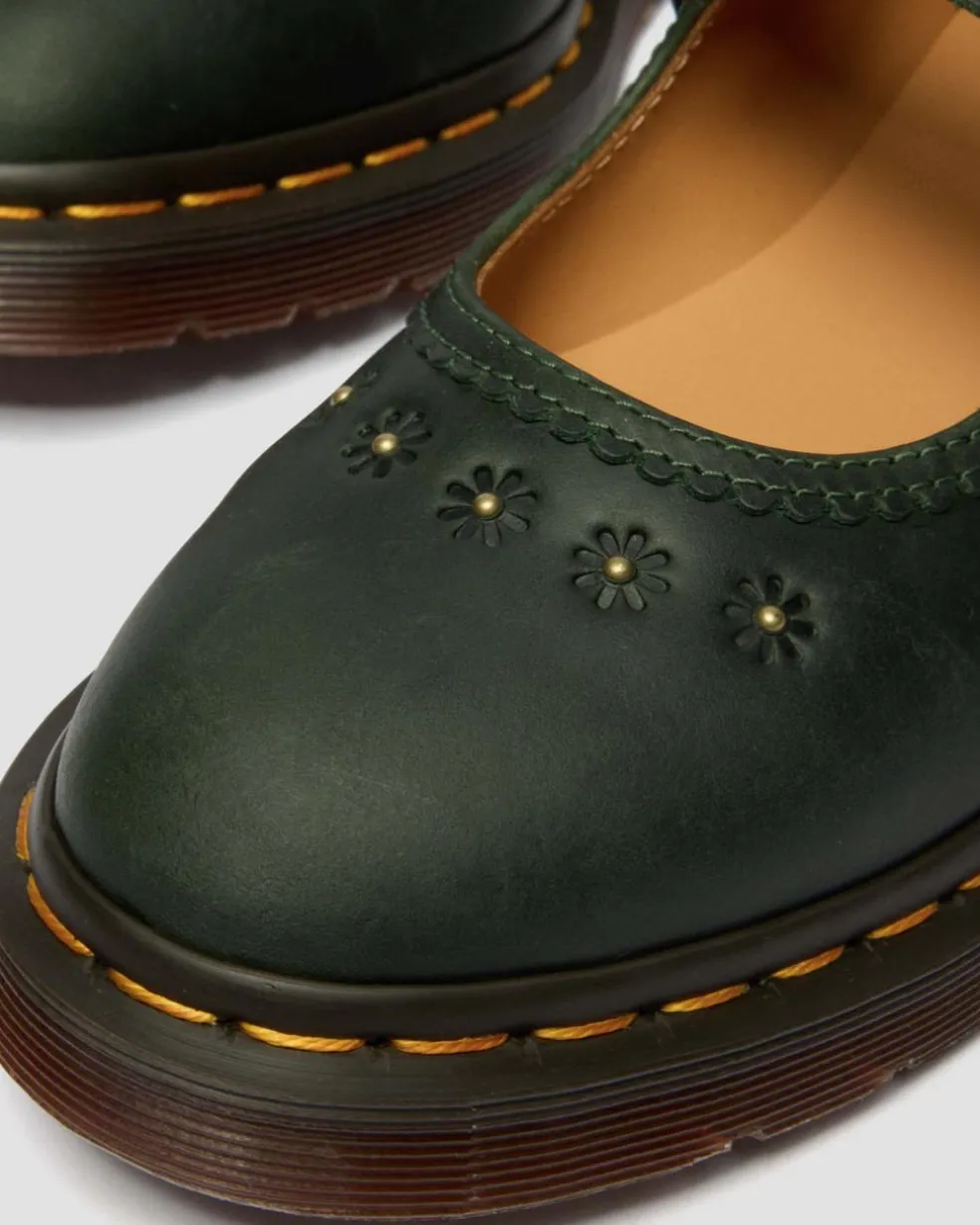 Mary Jane Flower Crazy Horse Leather Shoes in Dms Green